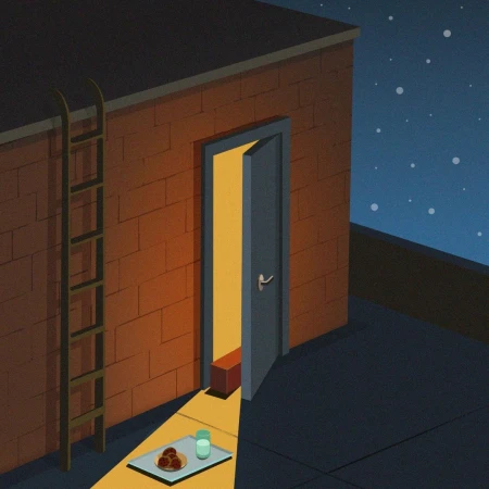 Illustration of a brick building with an open door to a brightly lit room, a ladder on the side, and a plate of food outside.