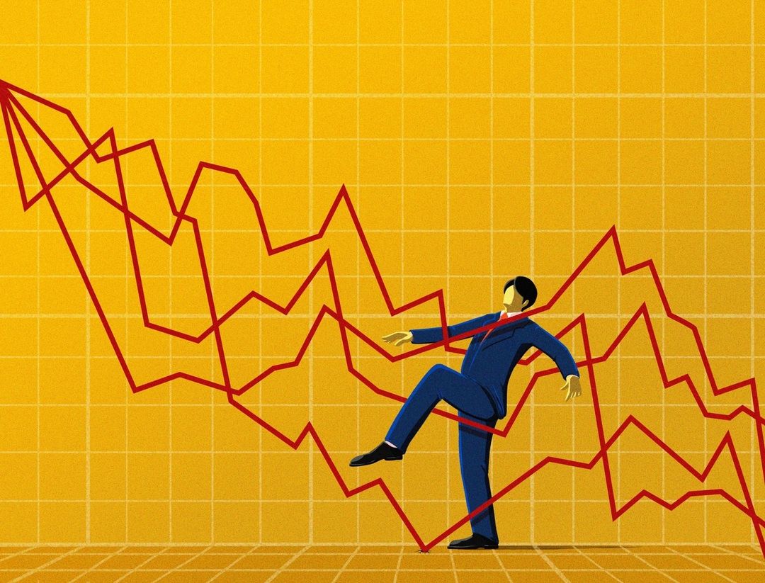 Illustration of a businessman falling against a graph with a downward trend, conveying a sense of business decline and economic challenge.
