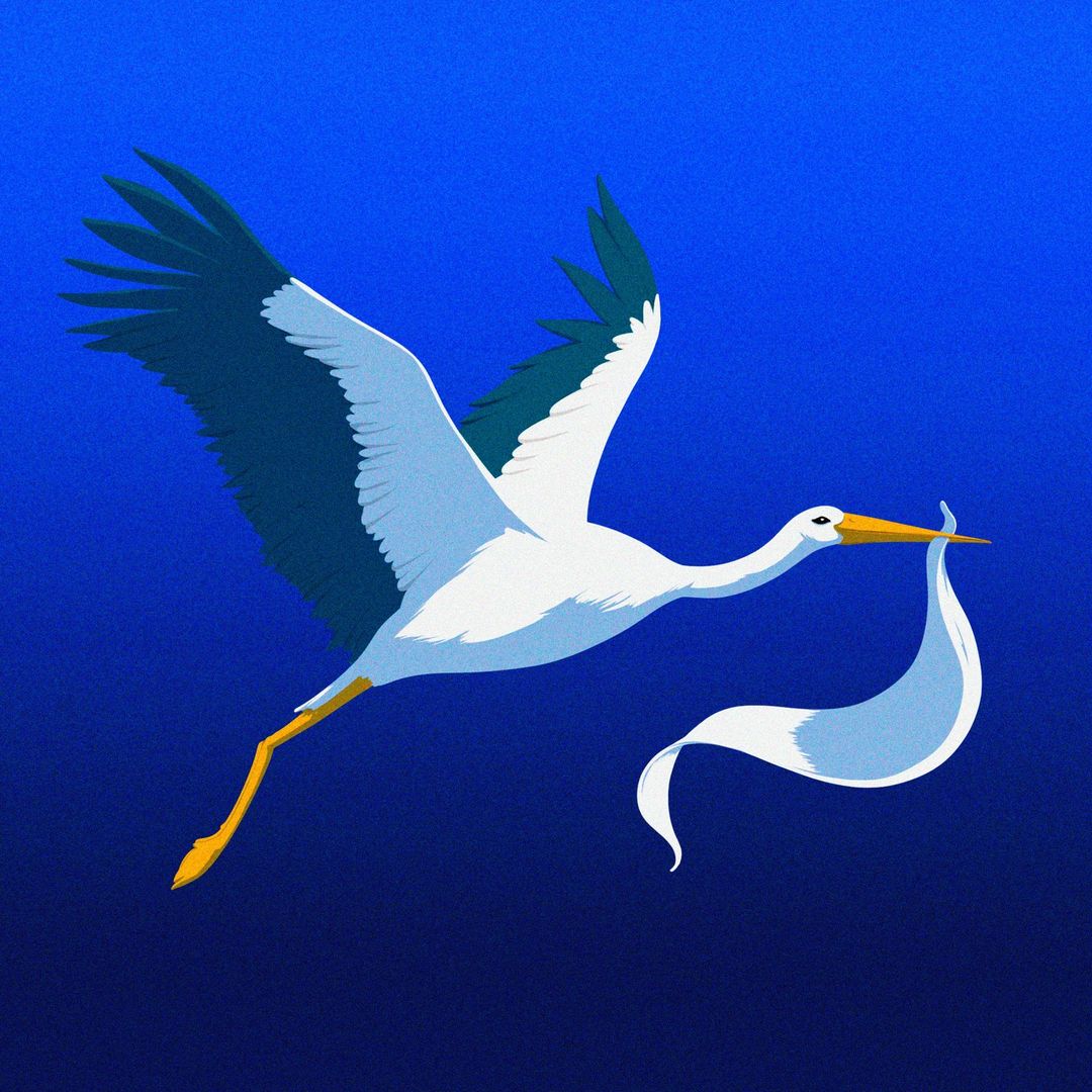 Illustration of a stork carrying a bundle, set against a blue background. The stork is depicted in flight with its wings spread.