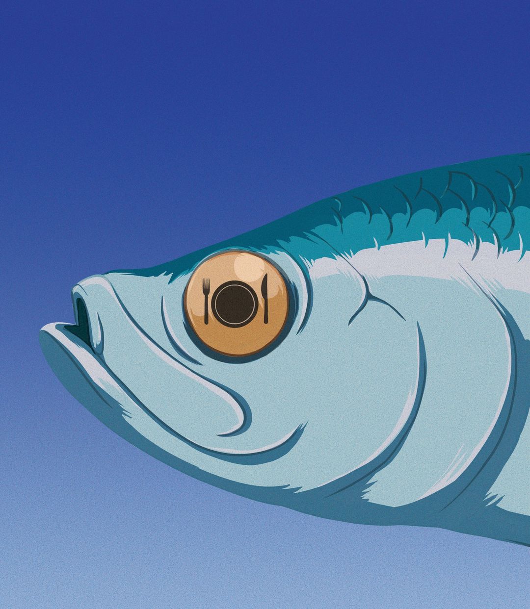 Digital art illustration of a fish's head with a plate and silverware symbol in place of its eye against a gradient blue background.