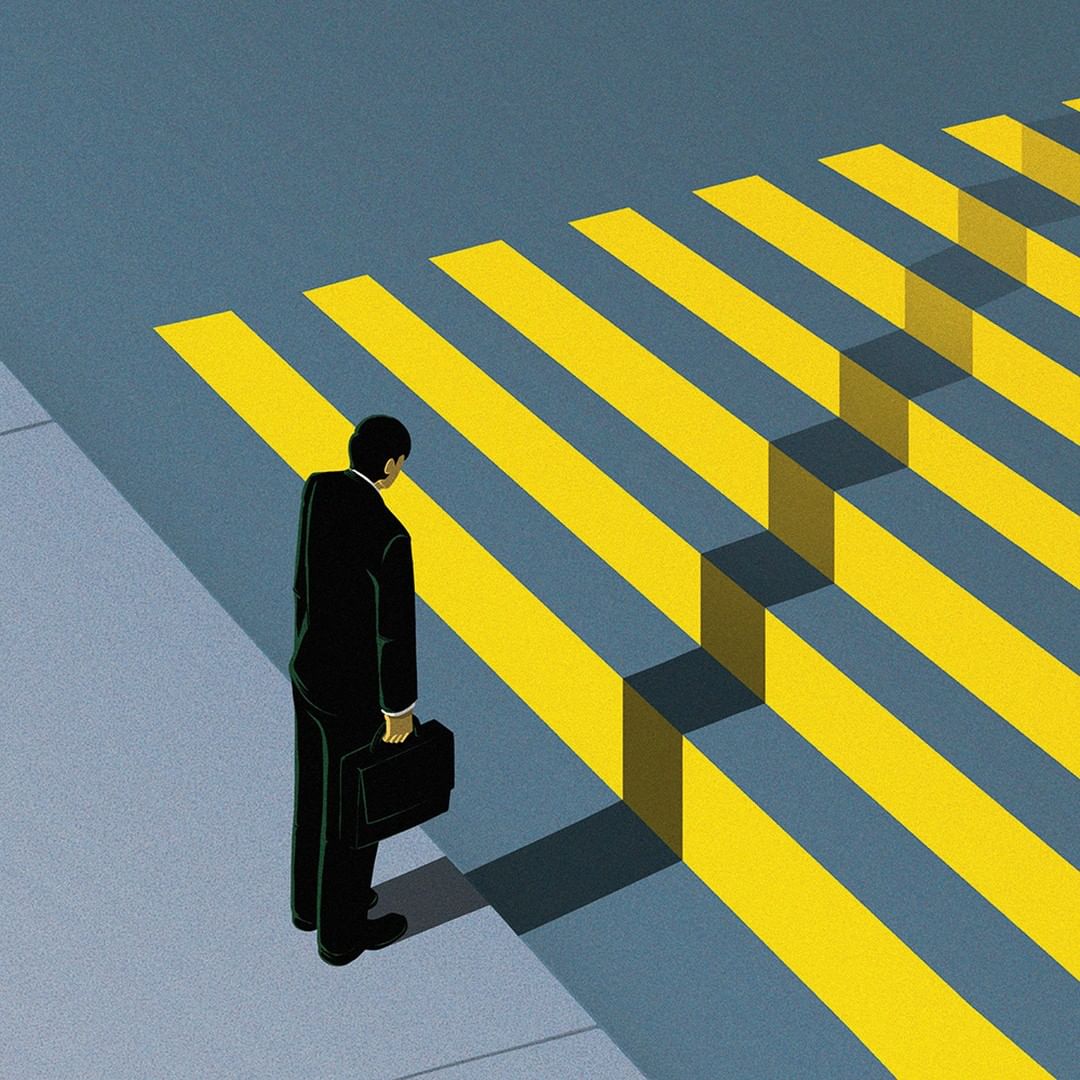 Illustration of a businessman standing at the start of yellow crosswalk lines that appear as steps leading upward on a gray street.