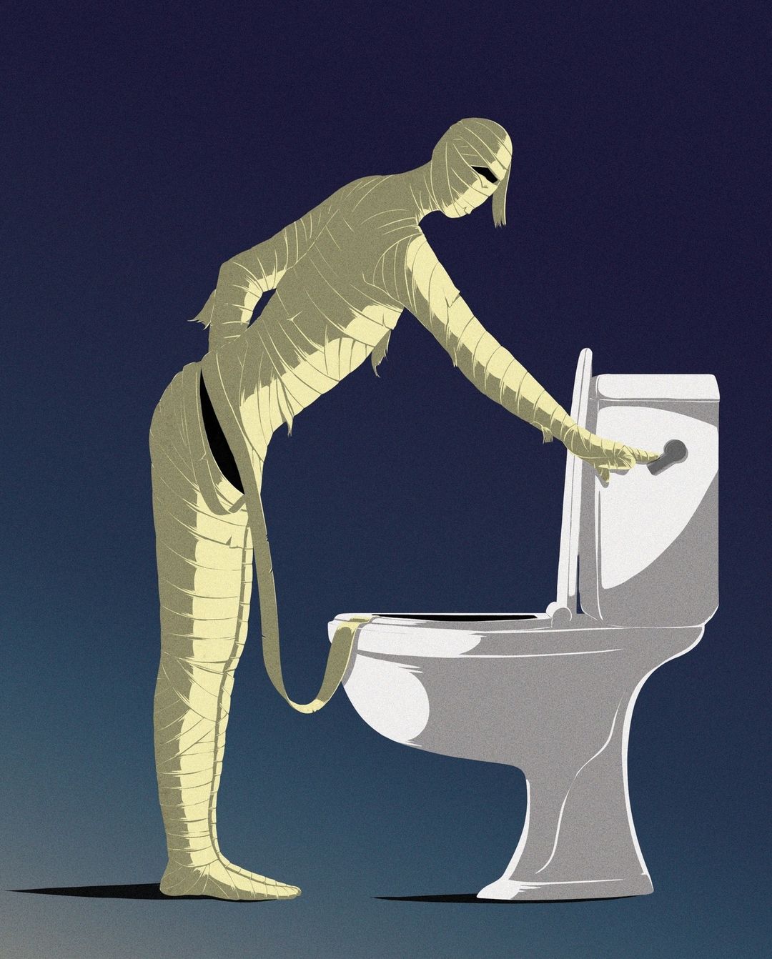 Illustration of a mummy pulling the lever on a white porcelain toilet in a cartoon-style image against a two-tone blue background.
