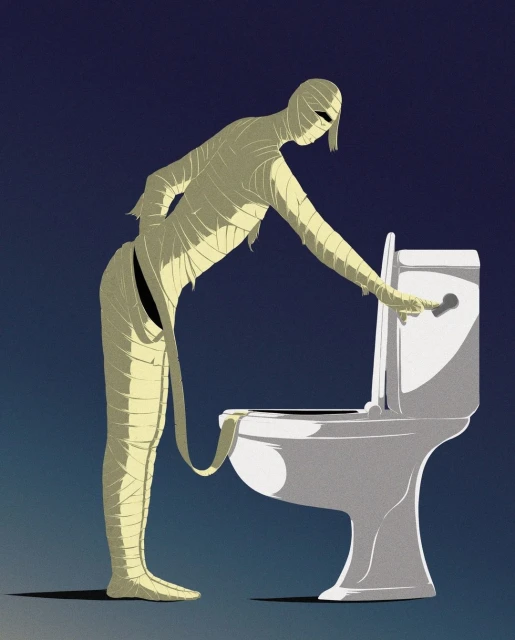 Illustration of a mummy pulling the lever on a white porcelain toilet in a cartoon-style image against a two-tone blue background.