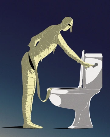 Illustration of a mummy pulling the lever on a white porcelain toilet in a cartoon-style image against a two-tone blue background.