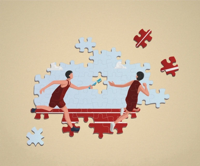 Illustration of two people passing a baton as part of a jigsaw puzzle depicting a relay race, created in a minimalist style.