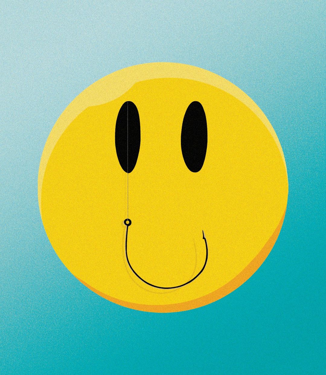 A cartoon illustration of a yellow smiley face with a black curved line for the mouth on a light blue background.