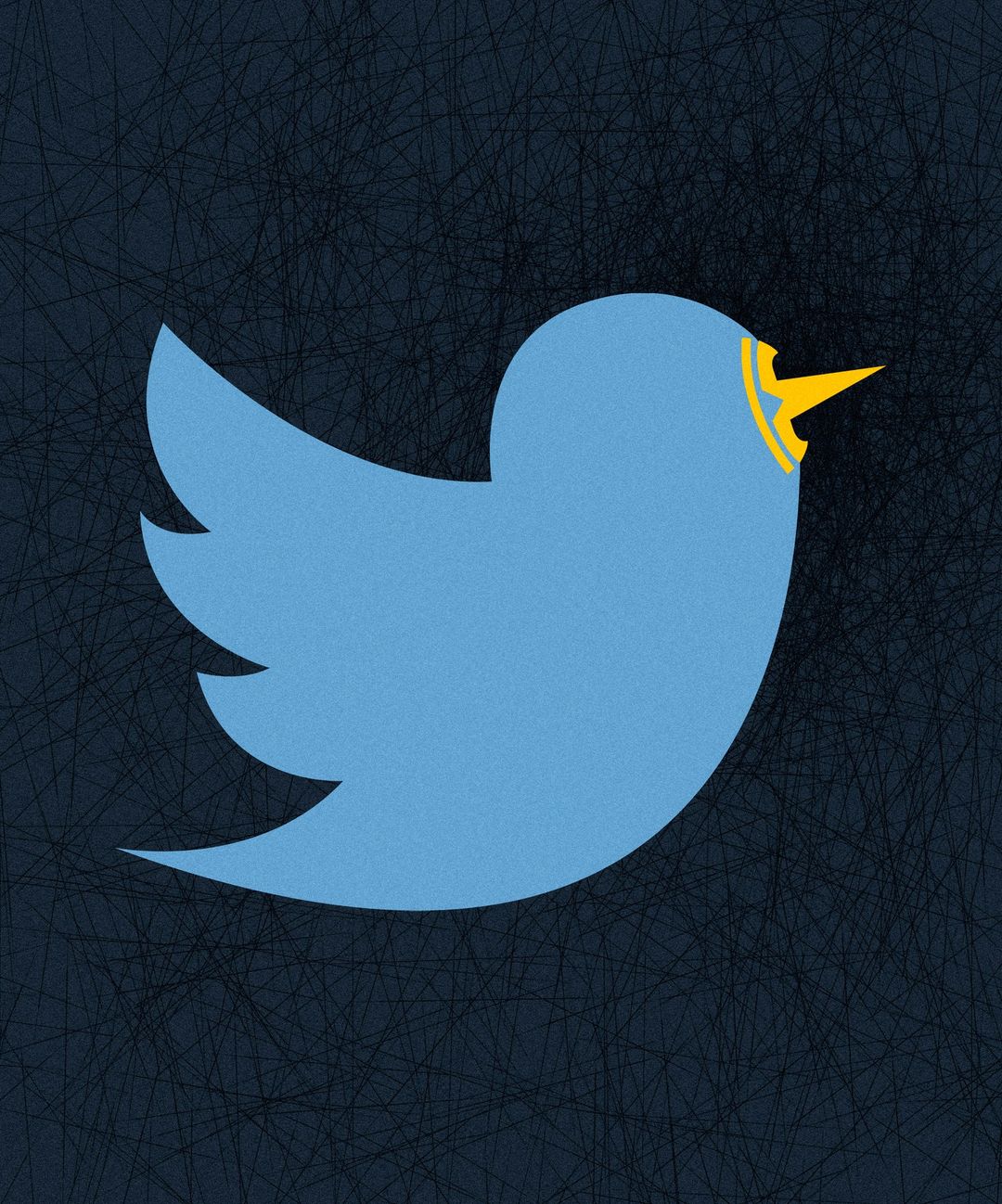 Illustration of a light blue bird logo with a yellow beak and crown on a dark blue background with line details.