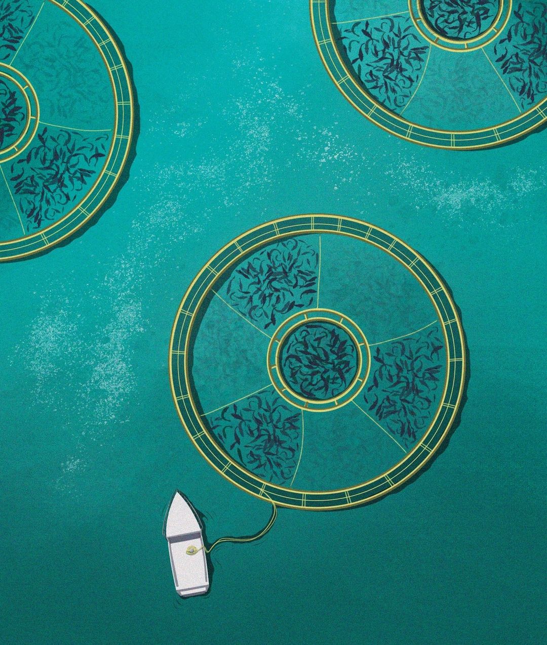 Aerial view of aquaculture fish farm with circular nets in ocean; boat near fish farm, teal water.
