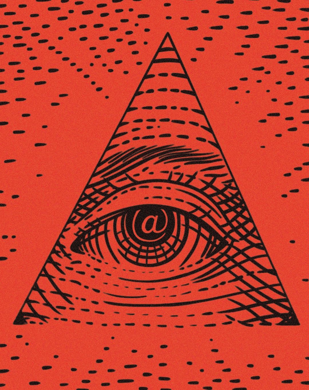 Illustration of a pyramid eye with an at symbol for the pupil. The background is red with small black lines.