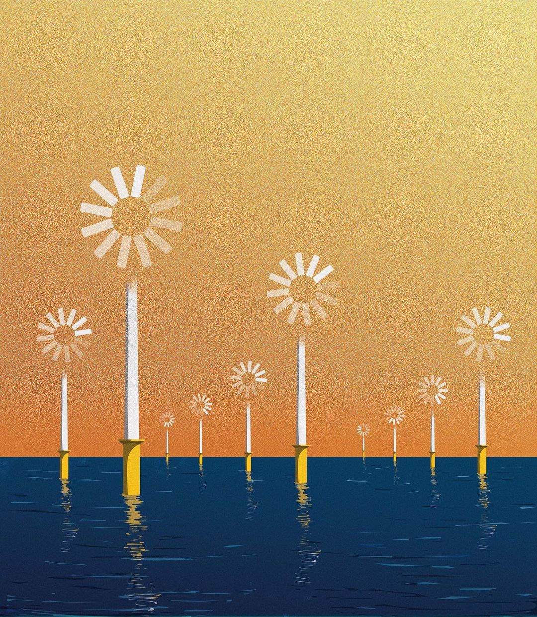 Offshore wind farm illustration featuring several white wind turbines with yellow bases standing in blue ocean water against orange sky.