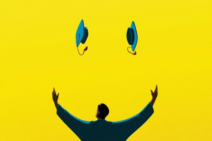 Illustration of a person with arms raised under two graduation caps against a bright yellow backdrop, symbolizing graduation and success.