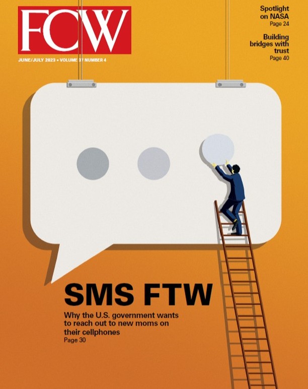 Illustration of a magazine cover showing a man on a ladder adding a speech bubble to a larger speech bubble for FCW magazine.