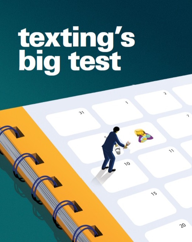 Graphic illustration: calendar page with two figures interacting on the grid, one painting the square and another already there.
