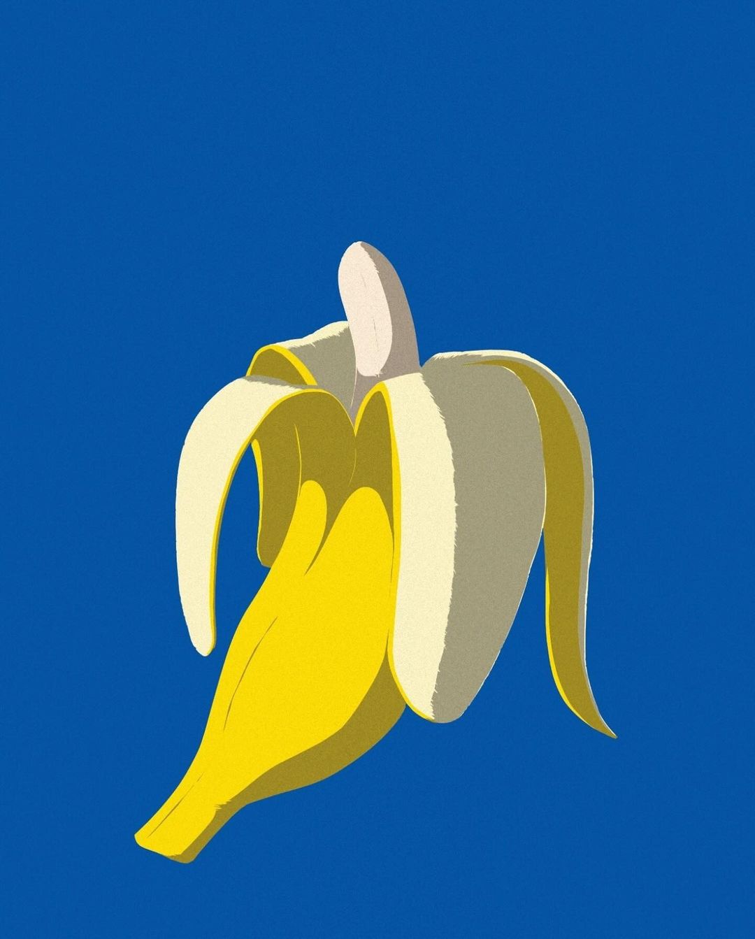 Illustration of a partially peeled banana with bright yellow fruit and light yellow peel on a vibrant blue background.