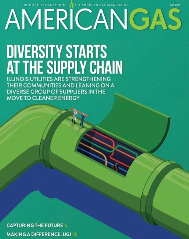 Magazine cover illustration for American Gas featuring a green pipe with two small figures on top and a look inside to see colored cables.