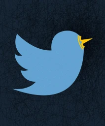 Blue bird illustration facing right on a dark textured background with an intricate network of crisscrossing black lines.