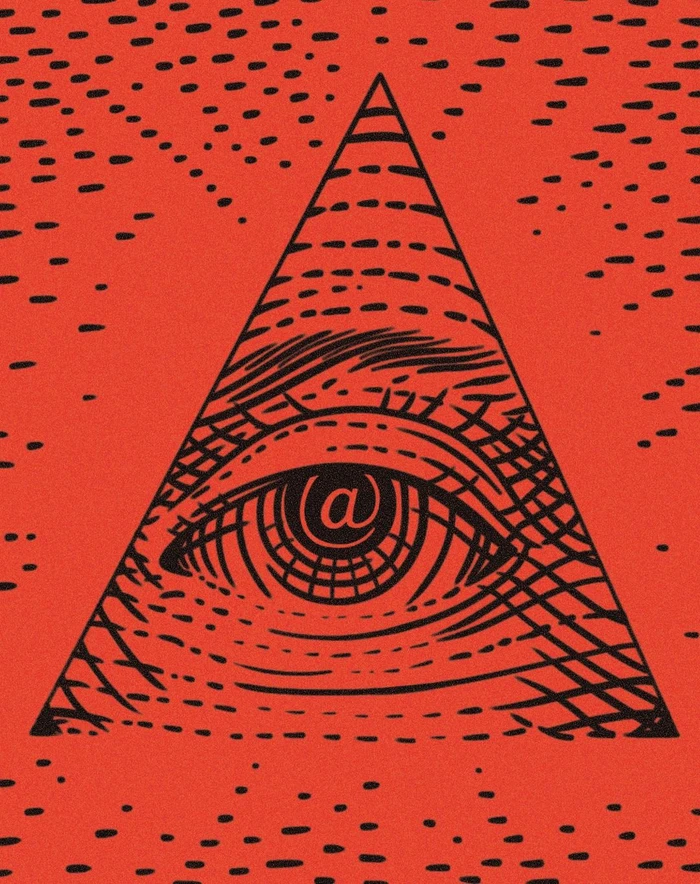 Red illustration featuring a large triangle containing a detailed human eye with an at symbol on a patterned background