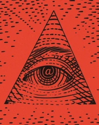 Red illustration featuring a large triangle containing a detailed human eye with an at symbol on a patterned background