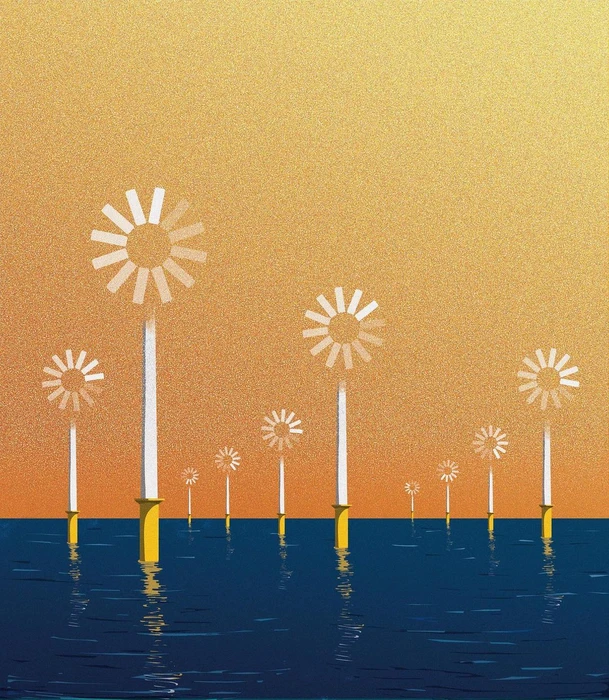 Digital illustration of white and yellow loading wheel windmills standing across a dark blue ocean against a textured golden orange sky.