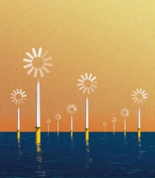 Digital illustration of white and yellow loading wheel windmills standing across a dark blue ocean against a textured golden orange sky.