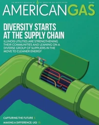 American Gas magazine cover illustration featuring large green industrial pipes and tiny figures working on them