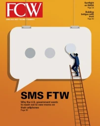Digital illustration of a person climbing a wooden ladder to place a circle into a large white speech bubble on an orange background.