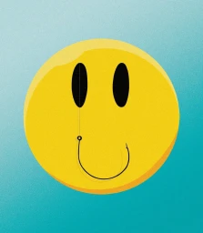 Digital illustration of a large yellow smiley face with oval black eyes and a fishhook forming its curved smile against a gradient blue background.