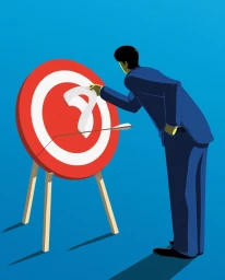 Illustration of a man in a blue suit placing a question mark symbol on a red and white target with an arrow.