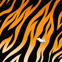 A small white rabbit running across a vibrant orange and black tiger stripe pattern background illustration.