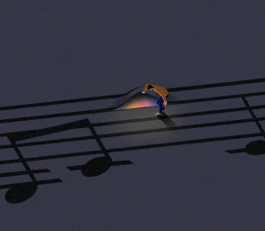 An illustration of a small figure peeling back a musical staff on a dark textured background to reveal glowing rainbow light underneath.