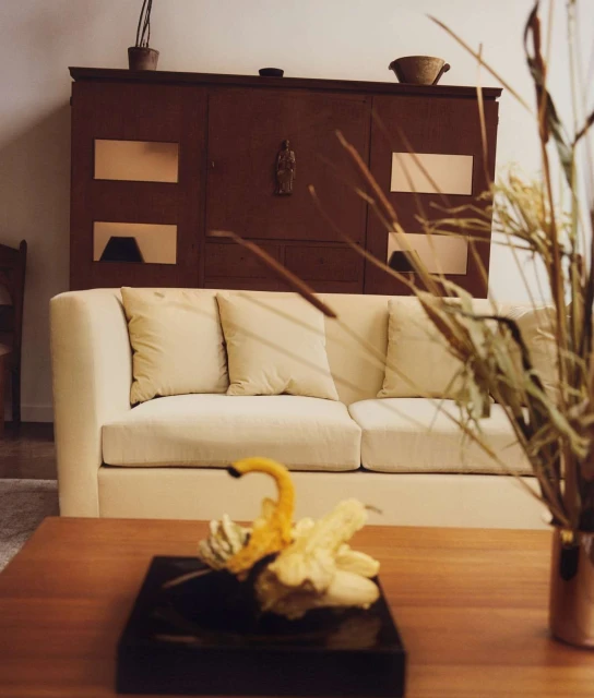 Living room interior featuring a beige couch with pillows, wooden cabinet, coffee table with decorative plant, and neutral color palette.