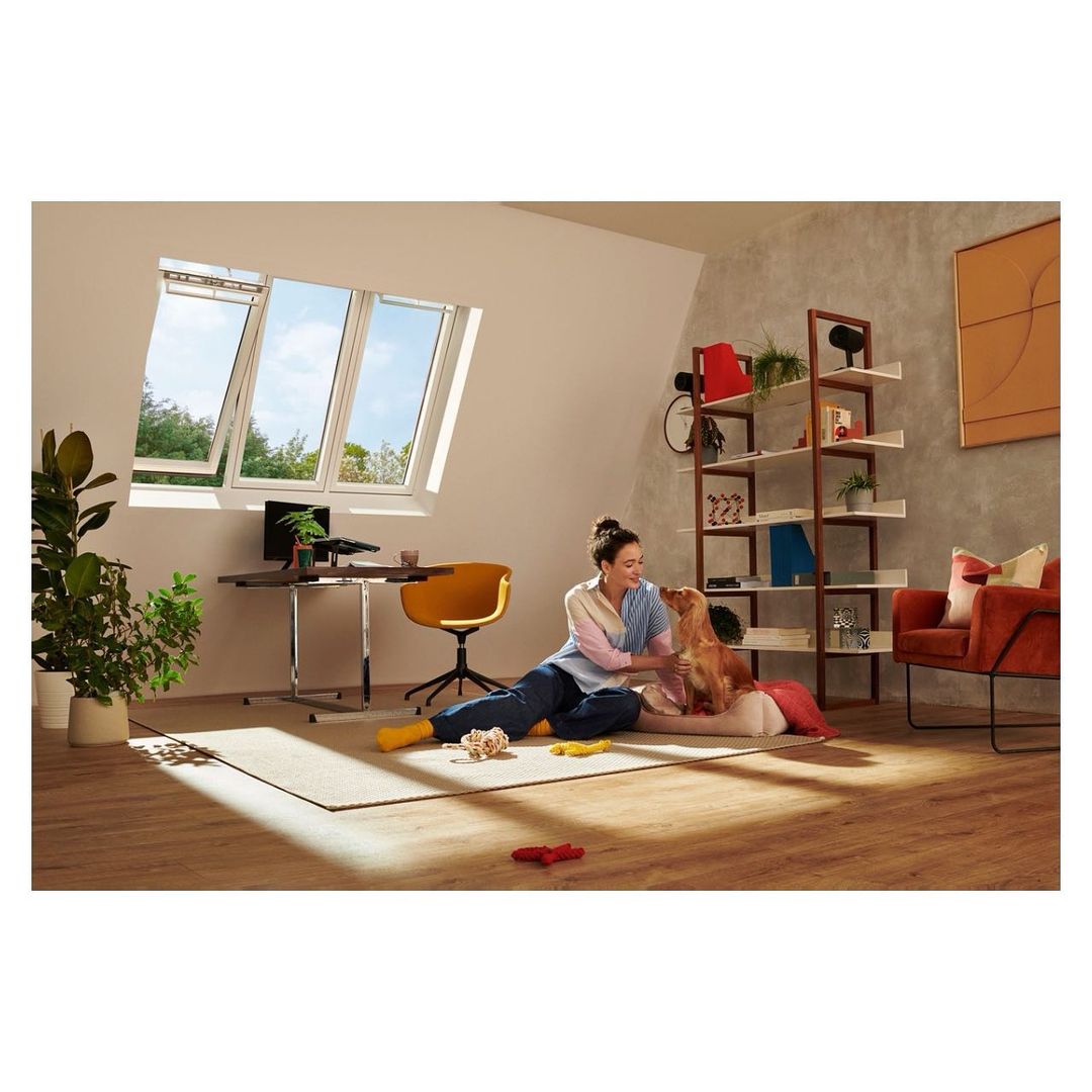 Woman interacts with a dog on a rug in a modern living room with a desk, open skylight, shelves, and chair, enhancing the home's ambiance.