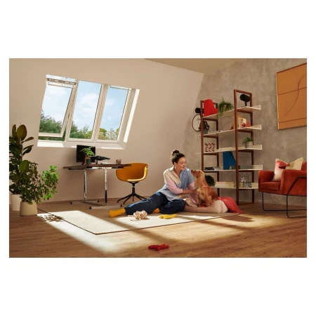 Woman interacts with a dog on a rug in a modern living room with a desk, open skylight, shelves, and chair, enhancing the home's ambiance.