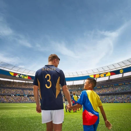Adult male soccer player in uniform holding hands with a child in a soccer stadium on a sunny day; stadium seating filled with fans.