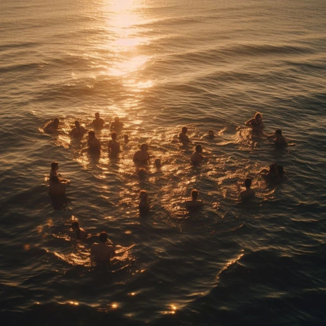 Wide shot of a group of people in the ocean at sunset with golden light reflecting on the water and silhouettes of figures.