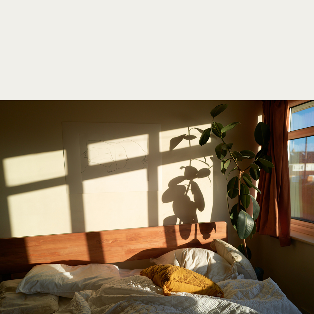 Sunlit bedroom interior featuring a made bed with pillows, a houseplant, and a window, creating a cozy and inviting atmosphere.