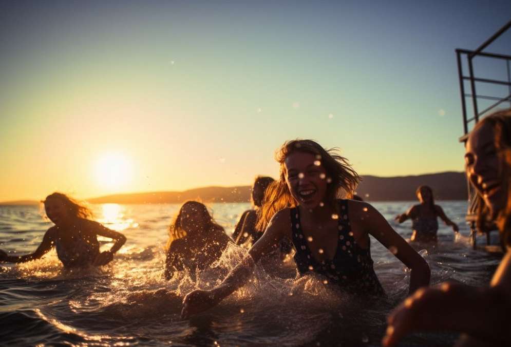 Group of smiling women enjoying a sunset swim in the ocean, creating splashes and golden reflections on the water's surface.
