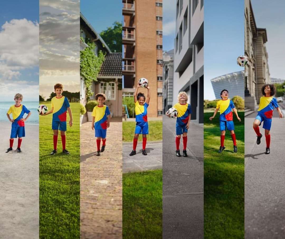 Six children in matching soccer uniforms are shown in separate outdoor environments playing with soccer balls under daylight conditions.