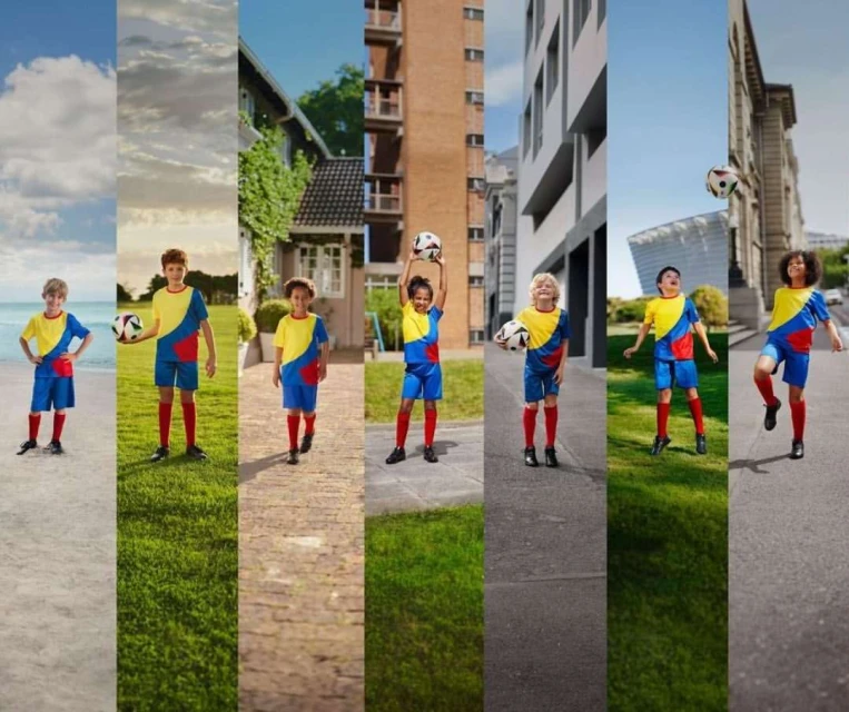 Six children in matching soccer uniforms are shown in separate outdoor environments playing with soccer balls under daylight conditions.