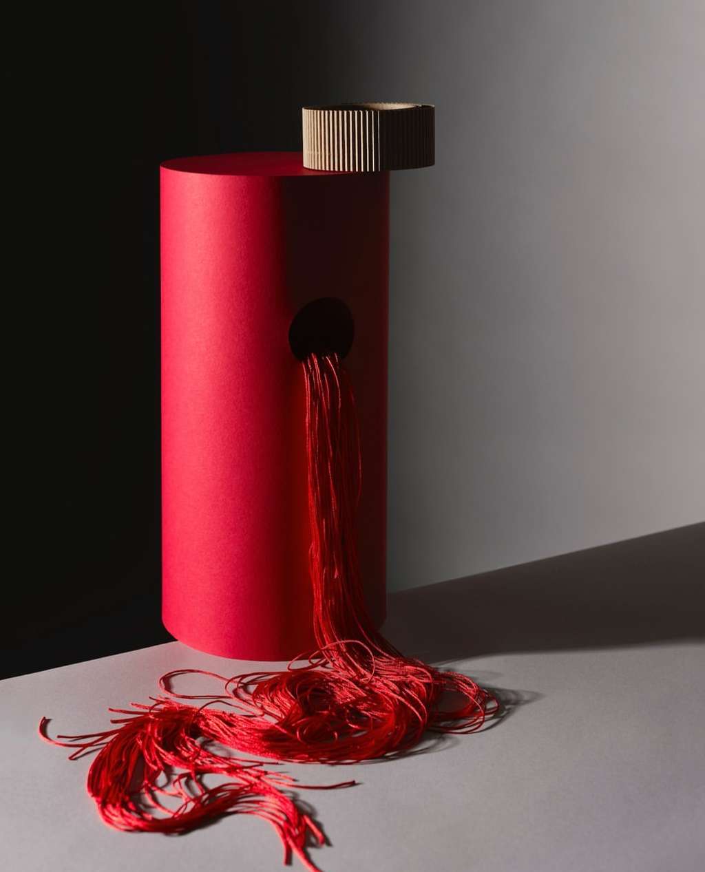 Abstract still life photograph of a red cylinder, a textured brown disc, and scattered red string against a split gray and black background.