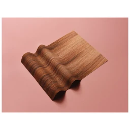A sheet of wood veneer formed into undulating waves against a solid pink background, photographed by Kellie French