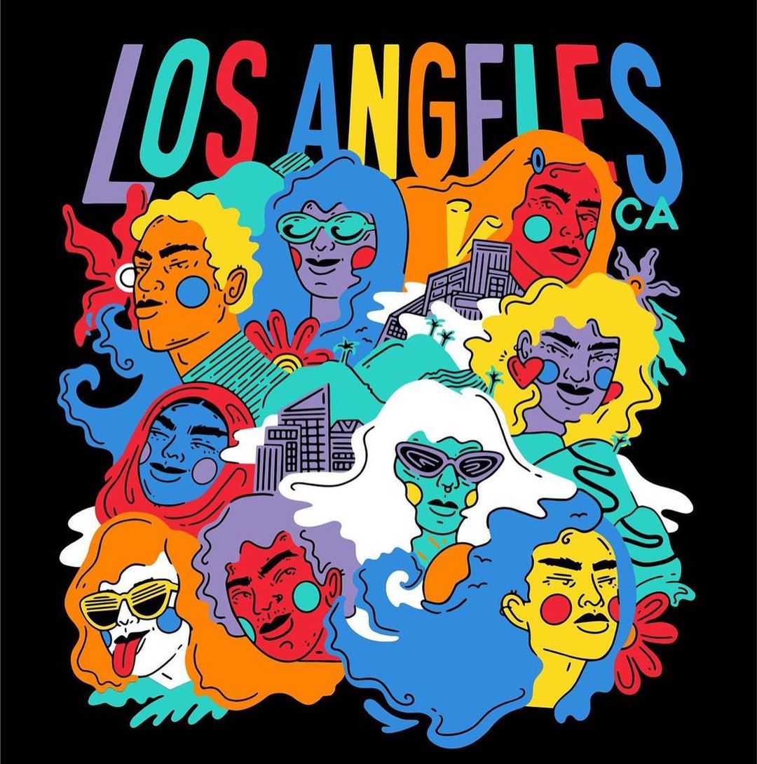 Illustrated graphic features a group of diverse faces in vibrant colors, set against a black backdrop with 'Los Angeles CA' text.