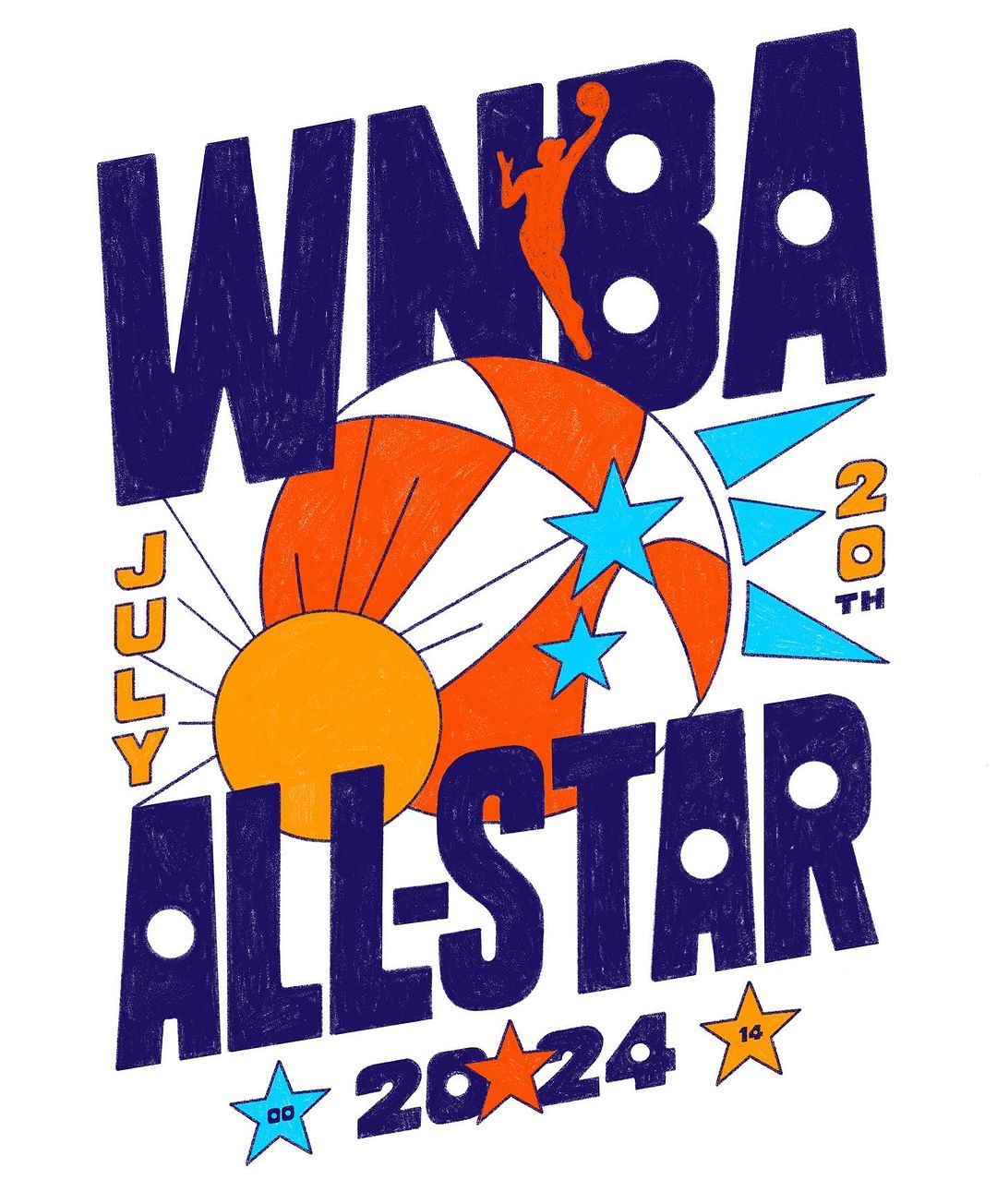 WNBA All-Star 2024 promotional graphic featuring an orange silhouette of a basketball player over a star and sun design.