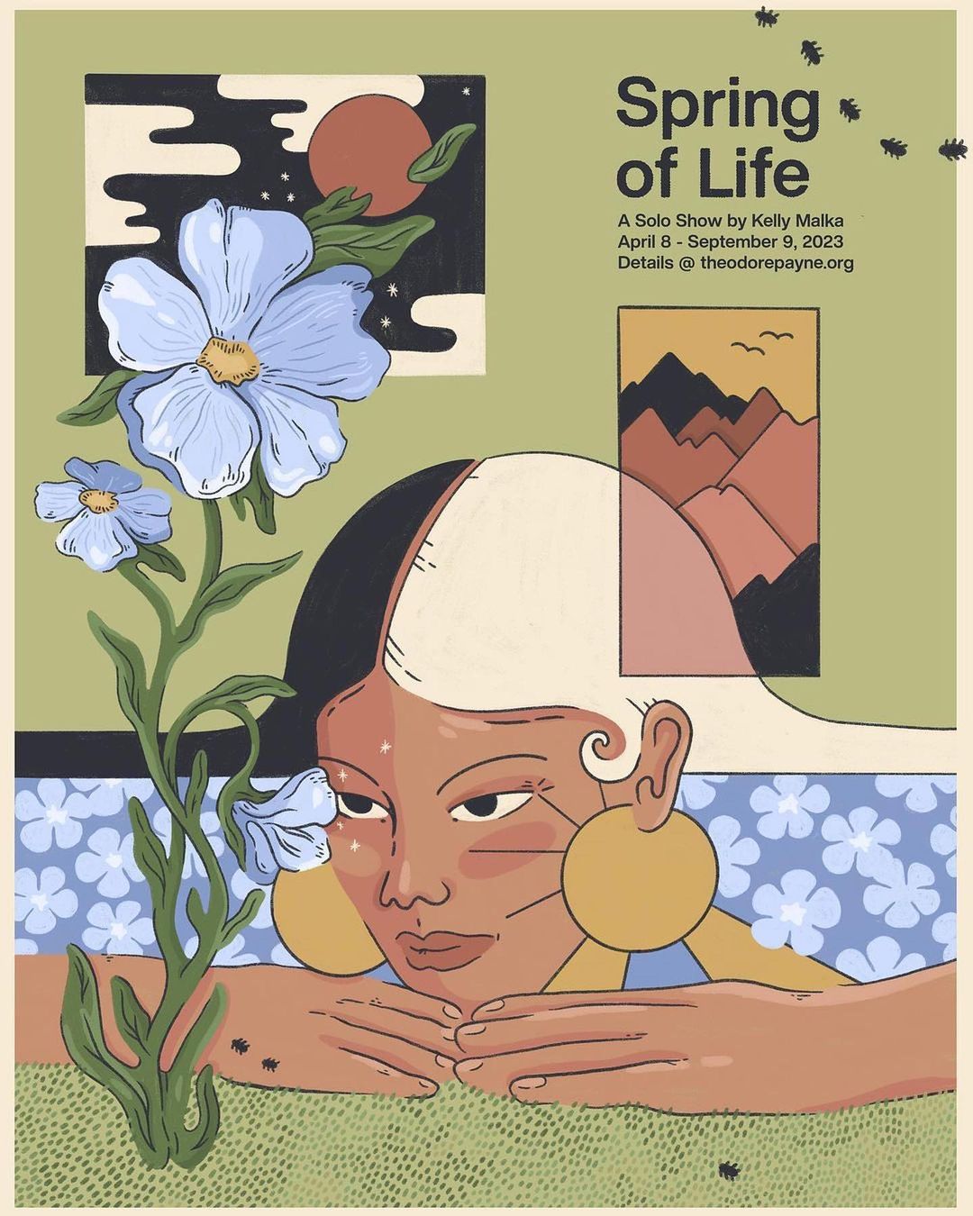 Illustrated poster for 'Spring of Life' art show featuring a stylized woman, flowers, and artwork against a light green background.