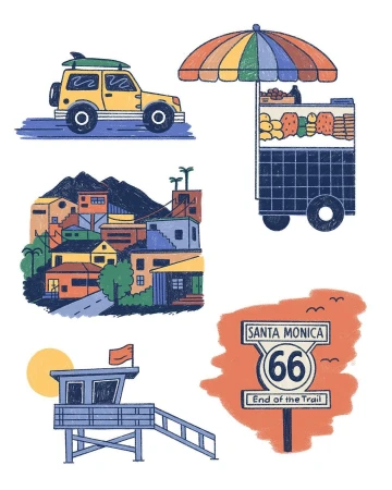 Illustration of a beach-themed scene with a surf car, food truck, coastal homes, a lifeguard tower, and a Route 66 sign.