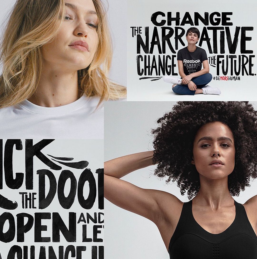 Collage featuring two women modeling activewear alongside typography, highlighting the Reebok brand and its message of change.