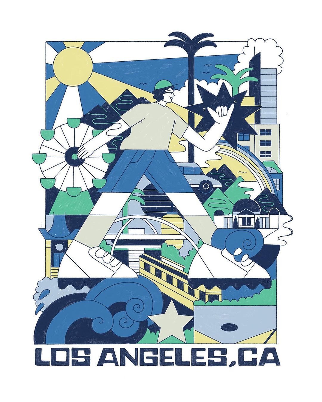 Whimsical illustration of a person striding across Los Angeles landmarks, blending vibrant city icons with imaginative design elements.