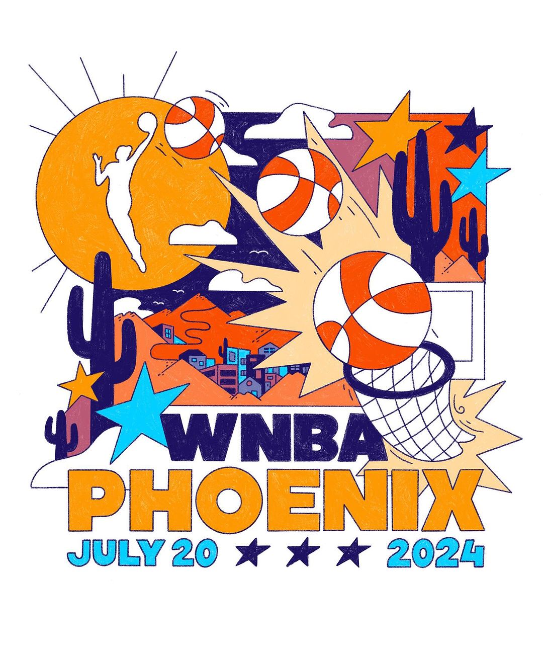 Illustration of WNBA Phoenix game on July 20, 2024, featuring a player silhouette, basketballs, cactus, desert landscape, and stars.