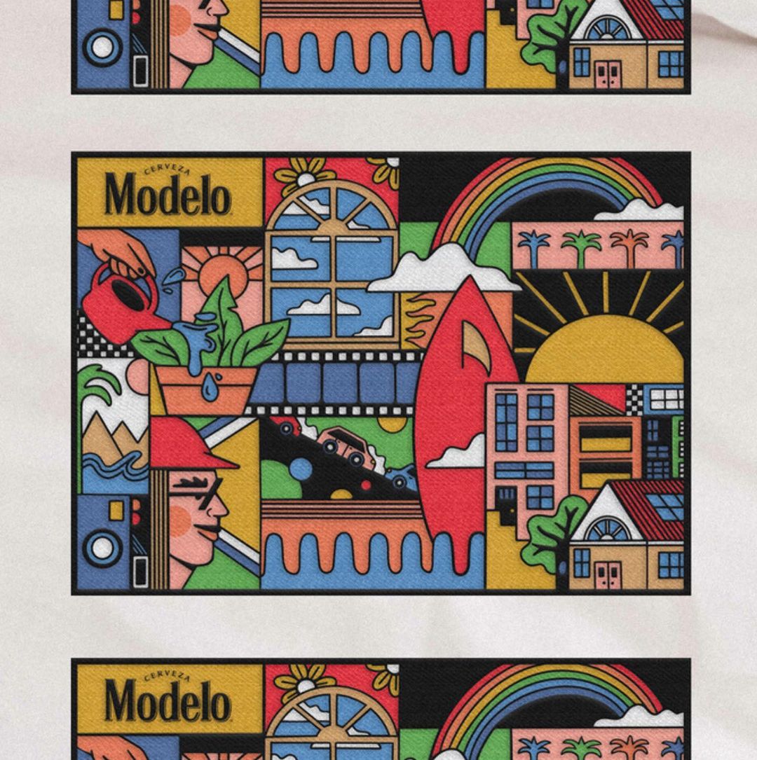 Colorful graphic illustration featuring people, buildings, plants, and sun, evoking a vibrant, urban and natural environment.
