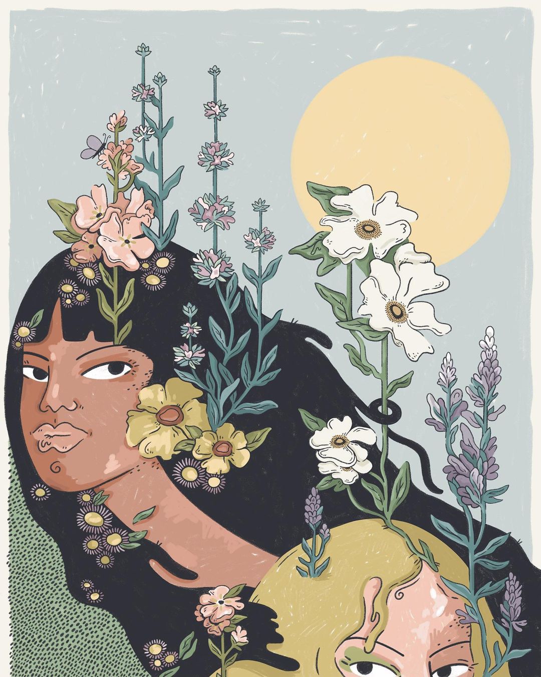 Illustration of two women with flowers in their hair and around them, set against a pale blue background with a yellow circle.